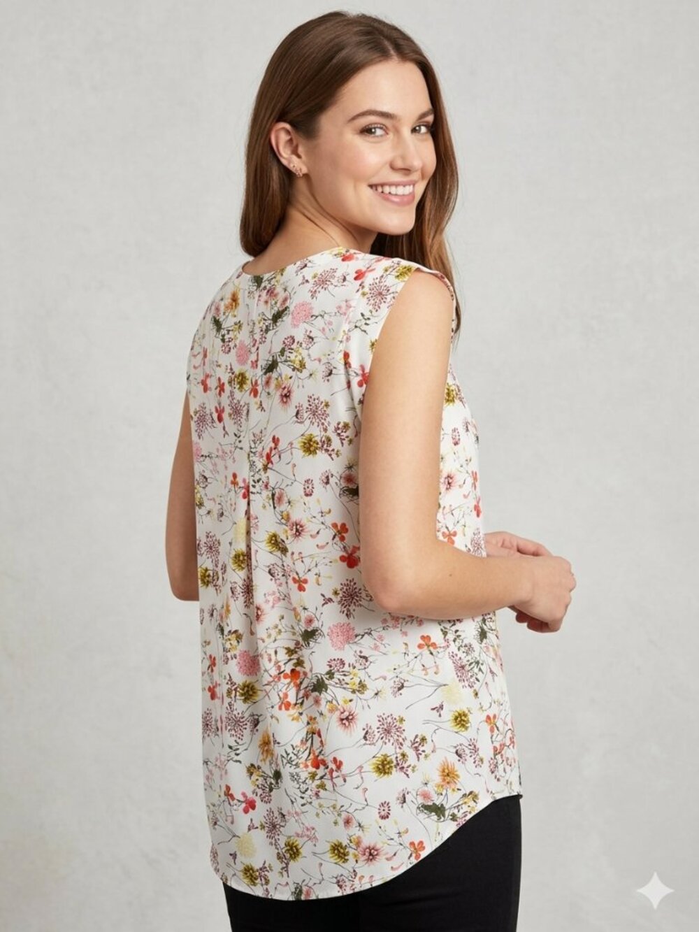 Pleione Nordstorm Cap Sleeve Blouse Top White Multi-Color Botanical Print Size L